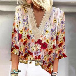 Women's Blouses Women Blouse T-shirt Colourful Print V Neck Hollow Out 3 Quarter Sleeves Loose Pullover Lace Soft Breathable Top Summer