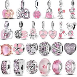 925 Silver Fit Pandora Charm Rose Pink Series Infinite Love Mom Heart To Heart Beads Dangle Fashion Charms Set Pendant DIY Fine Beads Jewellery