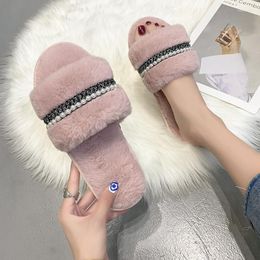 Slippers Sweet Elegant Home Cotton Shoes Korean Version Flat With Warm Casual Pearls Fashion All-match Indoor