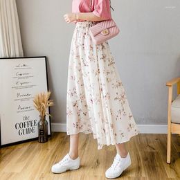 Skirts Summer Chiffon Floral For Women Korean Style A-line Pleated Long Vintage Elastic High Waist Female Skirt Q45