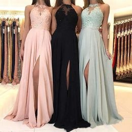 Cheap 2023 Elegant Halter Chiffon Long Bridesmaid Dresses Lace Applique Split Wedding Guest Dress Maid Of Honour Dresses