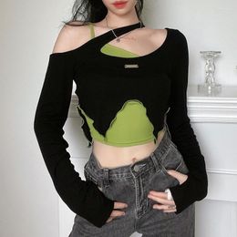 Women's T Shirts Oblique Collar Off-shoulder Colour Contrast Wavy Hem Irregular Long-sleeved Single-shoulder Vest Folded Top Two-piece Set