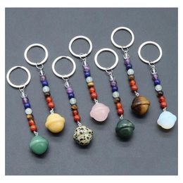 Key Rings Natural Crystal Stone 7 Chakra Beads Planet Ring Keychain Bag Pendant Car Decor Chain Keyholder Drop Delivery Jewelry Dh7Rp