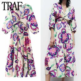 Urban Sexy Dresses TRAF Printed Long Dress Women Cut Out Midi Dresses Woman Ruffle Beach Summer Dress Women 2023 Vintage Elegant Women's Dresses L230711