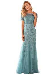 Long Sweety Formal Evening Dresses Sequins Mermaid Short Sleeve Tulle Scoop Plus Size Prom Party Gowns 27