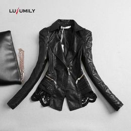 Coats Lusumily Plus Size Autumn Leather Jacket Women Short Black Lace Pu Leather Coat 2022 New Ladies Winter Motorcycle Female Outwea