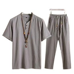 Mens Tracksuits Cotton Linen Set Loose Short Sleeve Shirt Long Pants Elderly Suit Middleaged Fathers Summer Clothing 230710