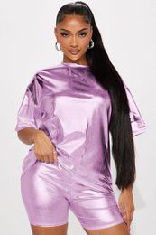 Women's Tracksuits Zoctuo Fashion Solid Metallic Shiny Leather Short Sleeve Shirt And Shorts Casual 2 Piece Outfits For Women Sexy Clubwear