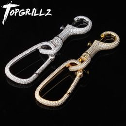 Keychains Lanyards Iced Out Carabiner Keychain For Men Gold Silver Colour Hip Hop Charm Jewellery Solid Copper With AAA CZ Gifts 230710