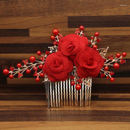 Hair Clips Large Crystal Women Bridal Accessories Red Rose Flower Leaf Pearl Wedding Comb Clip Hairpin For Bride Bridesmaid