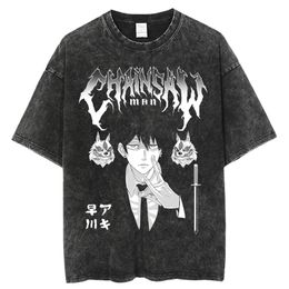 Women's T-Shirt Harajuku Chainsaw Man T Shirt Men Hip Hop Vintage Washed Oversized Anime T Shirts for Women Streetwear Tees 100% Cotton T-shirt 230711