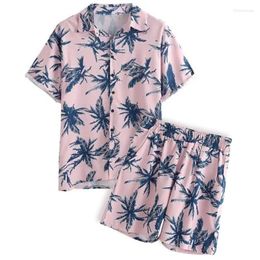 Men's Casual Shirts Fashion Coconut Tree Print Short Sleeve Shirt Button Up Hawaiian And Shorts Pink 2 Pieces Summer Men Beach Sets