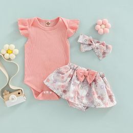Clothing Sets Summer Baby Girl Short Clothes 2023 Solid Colour Flying Sleeve Bodysuit Floral/Leopard Shorts Bow Born 0 To 24 Months