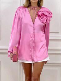 Women's Blouses RDMQ 2023 Pink Party Women Satin Elegant Shirts With Flower V-Neck Irregular Tunic Long Sleeve Drape And Tops