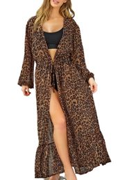 Leopard Print Open Front Long Kimono Beachwear Beach Cover Ups For Women