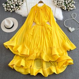 Casual Dresses SuperAen Fashion Party Dress Flare Long Sleeve Round Neck Lace Up Waist A-line Ruffle Edge For Women