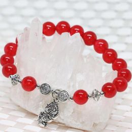 Strand 8mm Natural Red Chalcedony Jades Stone Bracelets Round Beads Tibet Silver-color Pendant Jewelry 7.5inch B2007
