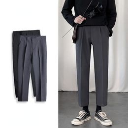 Men's Pants Casual Baggy Straight Elastic Waist Korean Fashion Classic Solid Colour Suit Trousers Male Black Grey