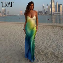 Urban Sexy Dresses TRAF Tie Dye Slip Dress Woman Satin Long Dresses for Women Sexy Backless Midi Dress Women Straps Beach Summer Dress Woman 2023 L230711