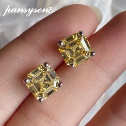 Stud PANSYSEN Luxury Solid 925 Silver Square Asscher Cut Citrine Gemstone Ear Earrings Female Birthday Jewellery Gifts Wholesale 230710