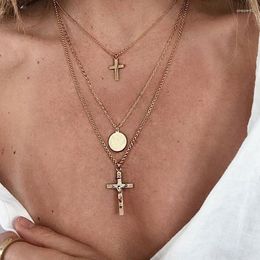 Pendant Necklaces Vintage Multi Layers Cross Necklace For Women Gold Color Long Chain Coin Choker Female 2023 Boho Jewelry Gifts