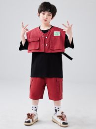 Stage Wear Street Dance Costume Youth Clothing Red Vest Black T Shirt Boys Girls Loose Jazz Hip Hop Dancer Performance Kpop Outfits BL10717