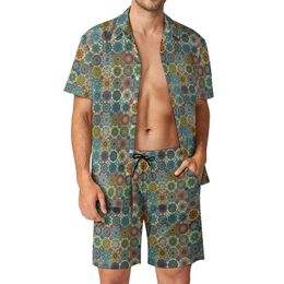 Men s Tracksuits Vintage Floral Print Men Sets Abstract Tile Fashion Casual Shirt Set Short Sleeved Pattern Shorts Summer Beachwear Suit Big Size 230711