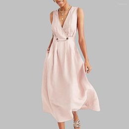 Casual Dresses Summer Women Sexy Solid Colour Deep-V Large Swing Button Sleeveless Long Maxi Evening Party Elegant Dress Sundress 5XL