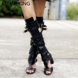 Boots Sexy Summer Chunky Knee High Motorcycle Women Peep Toe Cut Out Heels Black Ladies Gladiator Sandals 230710