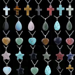 Pendant Necklaces Love Heart Water Drop Natural Crystal Stone Cross Star Tiger Eye Turquoises Necklace Chain For Women Girls Charm J Dhwib