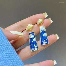 Dangle Earrings S925 Needle Chinese Ethnic Style Lucky Cloud Geometry Vintage Blue Enamel Cartoon Moon Drop For Women