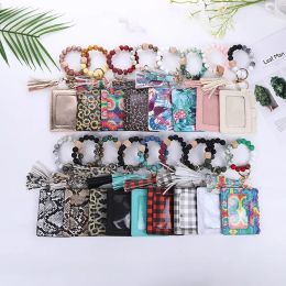 17 Colours Fashion PU Leather Bracelet Wallet Keychain Tassels Bangle Key Ring Holder Card Bag Silicone Beaded Wristlet Handbag ID Purse