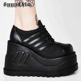 Boots Women's Ankle Boots Women's Punk Black Platform Thick High Heel Wedge Pump Women's Fashion Street Girls Lace Party Large Shoes L230711