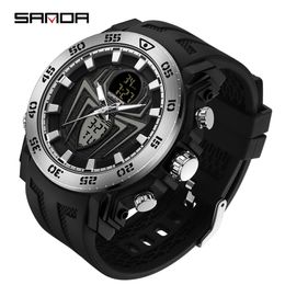 SANDA Men Quartz Watch Spider Dial Dual Display Military Sport Watches Male Outdoor Waterproof LED Digital Wristwatch Relogio