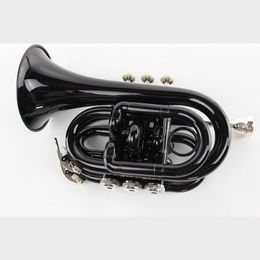 High quality Bb B flat pocket trumpet, palm trumpet instrument with hard case, mouthpiece, cloth and gloves, black