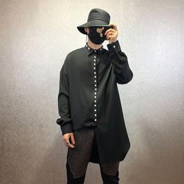 Men's Casual Shirts Multi Button Decorative Loose Long Sleeve Shirt Dark Black Thin Split Fashion Non Iron