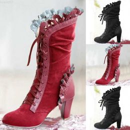 Boots Women Sexy Lace Up Heel Knee High Leather Suede Boots Vintage Gothic Lace High Heel Boots Cosplay Autumn Boots Shoes Drop Ship L230711