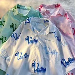 Women's Blouses Vintage Letter Graffiti Large 2XL Men Shirts Kawaii Pink Button Up Oversized Short Sleeve Tops Mujer Summer Beach Style