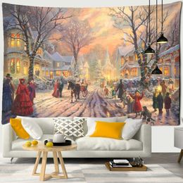 Tapestries New Year Christmas Snow Scenery Oil Painting Illusory Scene Wall Hanging Home Decoration Tapestry Decorative Mural