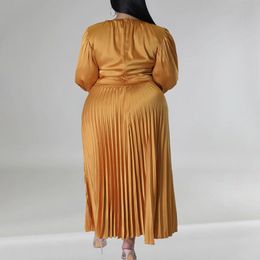 Sets Plus Size Clothes Women Silk Like Fabric Pleat Fairy Skirt Fashion Autumn Winter Round Neck Solid Long Sleeve Party Maxi Dress