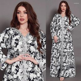 Ethnic Clothing Dubai Luxury Islamic Puff Sleeve Women Muslim Dress Black And White Flores Printed Long Jalabiya Abaya Femme Musulman