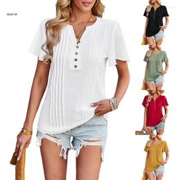 Women's Blouses X7YA Women Button Up V-Neck Pleated Tunic Shirt Ruffle Short Sleeve Plain Top