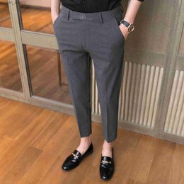 Men's Pants 2021 Summer Casual Pants Men's Slim Fit Business Dress Pants Crown Embroidery Office Social Street Clothing Ankle Length Trousers Grey Z230713