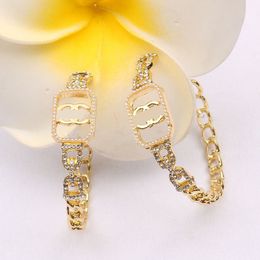 Charm Gold Plated Brand Designers Double Letters Stud Clip Chain Geometric Famous Women Sier Crystal Rhinestone Earring Wedding Party Jewerlry Y240429