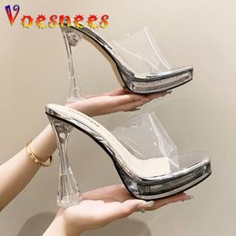 Slippers Transparent PVC Elegant High Heels 13CM Crystal Platforms Outdoors Square Toe Sexy Women Shoes Plus Size Slides Sandals
