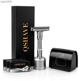 QSHAVE Adjustable Safety Razor kit Men's Shaving kit Holder + Razor + Blade Disposal Case +15 Blades set L230520