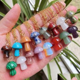 Pendant Necklaces Healing Natural Crystal Necklace Lovely Mushroom Charm Amethyst Opal Rose Quartz Fashion Women Jewellery Drop Delive Dh5Rd