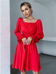 Casual Dresses DGIRL 2023 Spring And Autumn Red Dress Party Square Neck Slim Long Sleeve