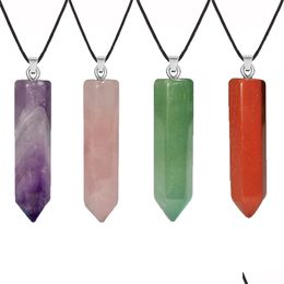 Pendant Necklaces Natural Stone Pillar Necklace Pink Crystal Hexagonal Opal Amthyst Charms Pu Chain For Women Jewellery Drop Delivery P Dhark