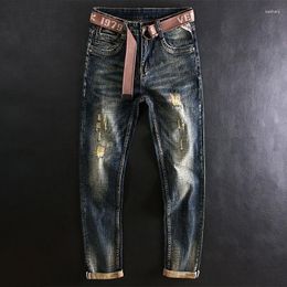 Men's Jeans Fashion Designer Men Retro Blue Elastic Slim Fit Destroyed Ripped Patchwork Vintage Casual Denim Pants Hombre